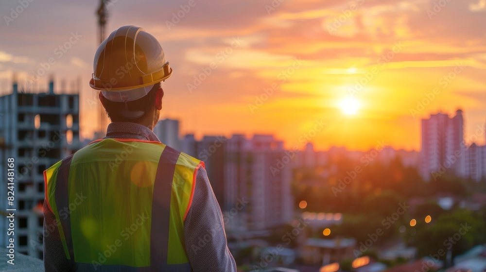 Construction engineer with safety standard looking at building at construction site with sunset. generative ai Construction engineer with safety standard looking at building at construction site with sunset. generative ai