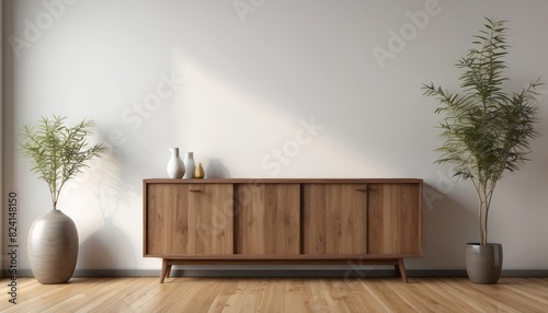 Interior home of living room with sideboard cabinet for TV on empty white wall copy space