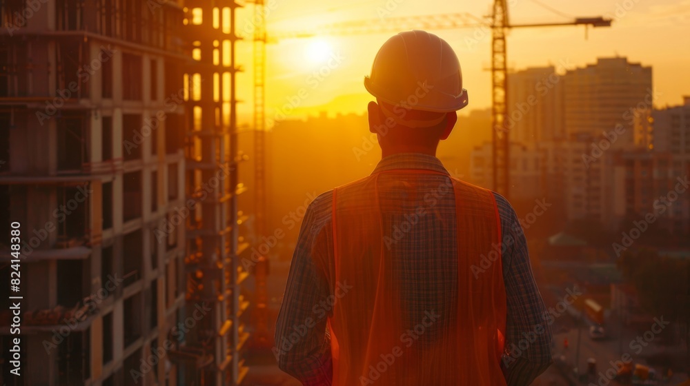 Construction engineer with safety standard looking at building at construction site with sunset. generative ai