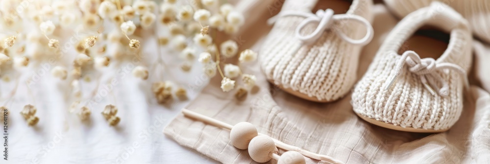 Baby shoes and teethers. Organic newborn accessories. copy space Baby shoes and teethers. Organic newborn accessories. copy space