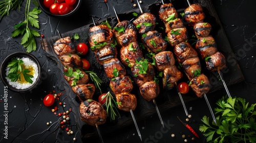 Delicious And Juicy Beef Kebabs With Spices And Herbs On A Black Stone Board. Top View. photo