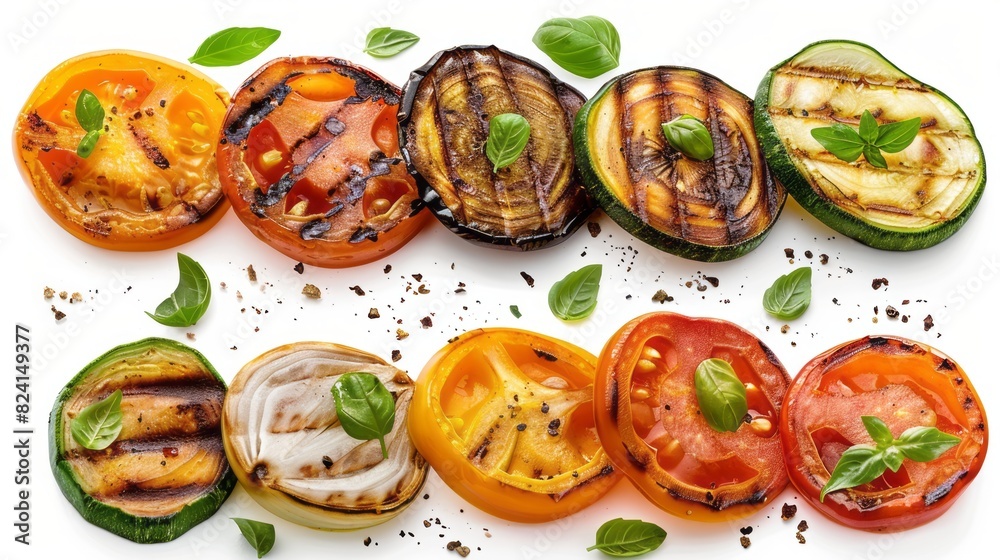 Set Of Grilled Vegetables. Eggplant, Tomato, Zucchini, Onion And Pepper Slices With Basil Leaves.