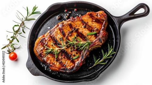 Cast Iron Skillet With Juicy And Delicious Grilled Steak With Rosemary And Spices On White Background. Top View. photo