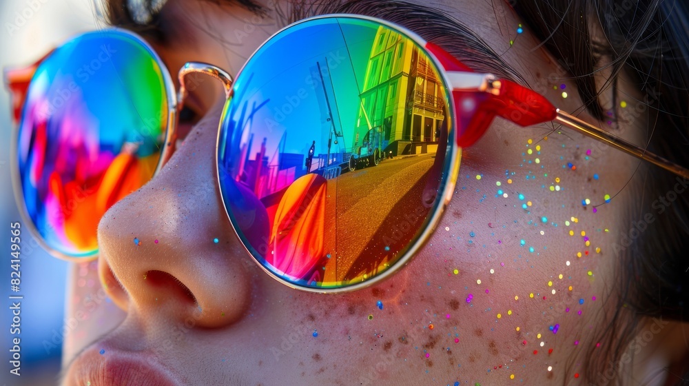 Close-Up Of A Person Wearing Rainbow Sunglasses With A Reflection Of A City Street And A Person Walking. Close-Up Of A Person Wearing Rainbow Sunglasses With A Reflection Of A City Street And A Person Walking.