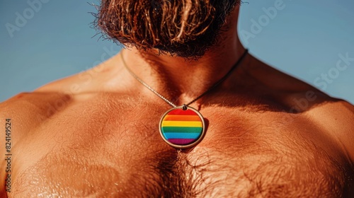 A Hairy Chested Man With A Rainbow Necklace Pendant. photo