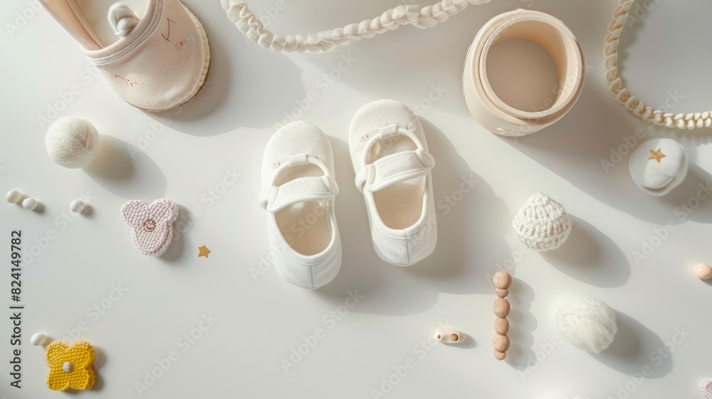 Baby shoes and teethers. Organic newborn accessories. copy space Baby shoes and teethers. Organic newborn accessories. copy space