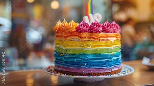 Rainbow Birthday Cake With Pink Frosting And Rainbow Sprinkles. photo