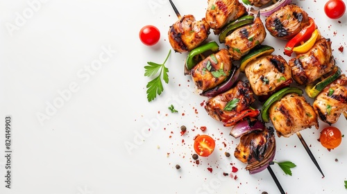 Top View Of Delicious Grilled Chicken Skewers With Vegetables And Spices On White Background. photo