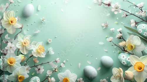 Festive banner with spring flowers and Easter eggs  white daffodils and cherry blossom branches on a green pastel background realistic