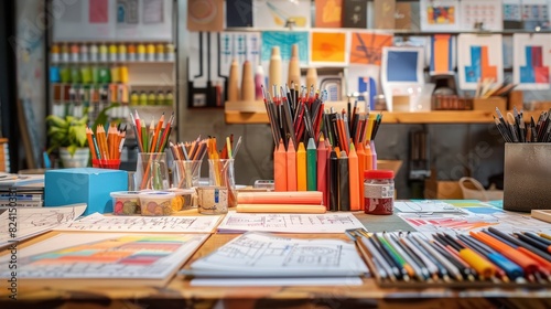 designer's vibrant desk filled with colorful drawings, prototypes, and inspiration for innovative creations.