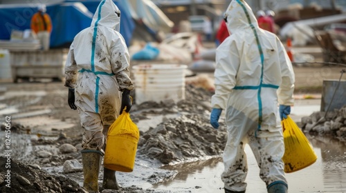Workers wearing protective gear as they remove hazardous waste from the site.