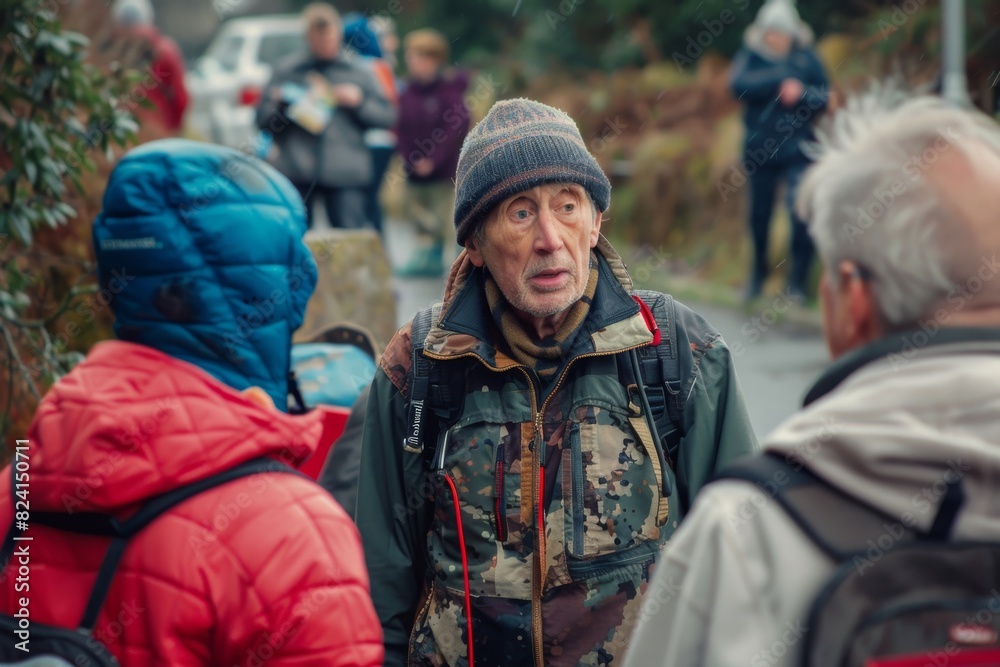 An elderly man with a beard and a cap on his head in the rain An elderly man with a beard and a cap on his head in the rain