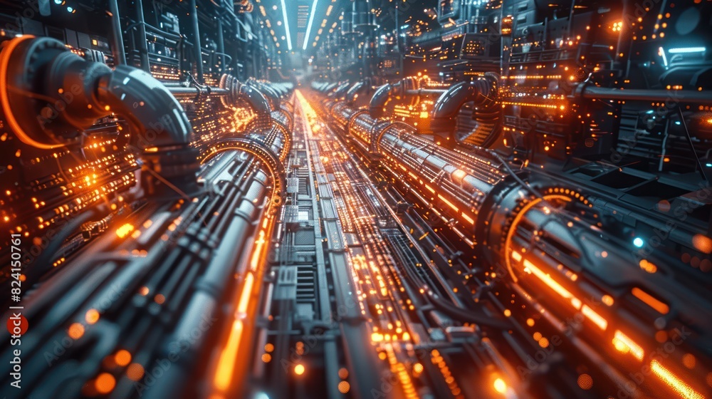 Witness the futuristic synergy of robotic arms in operation with glowing data lines on a blurred factory floor, representing seamless machine communication. Witness the futuristic synergy of robotic arms in operation with glowing data lines on a blurred factory floor, representing seamless machine communication.