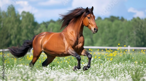 A bay horse gallops freely across a field blanketed with white and yellow wildflowers under a clear sky.
