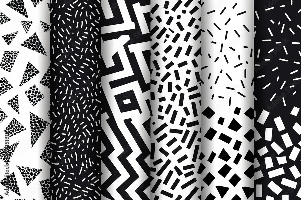 Bundle of Memphis seamless patterns. Fashion 80-90s. Black and white textures Bundle of Memphis seamless patterns. Fashion 80-90s. Black and white textures