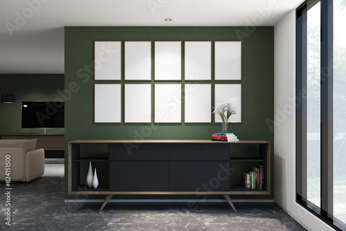 3d render illustration of foyer living minimalist side the window with drawer cabinet, plant decoration and 10 frames mock up. Gray marble floor, beige wall and white flat ceiling. Set 10