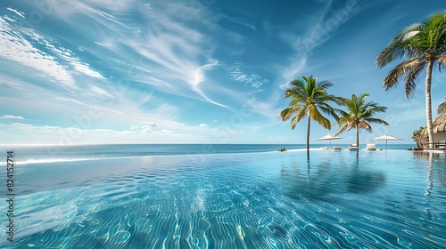 a serene swimming pool overlooking the ocean with palm trees and cabanas in the background. The sky is blue with wispy clouds