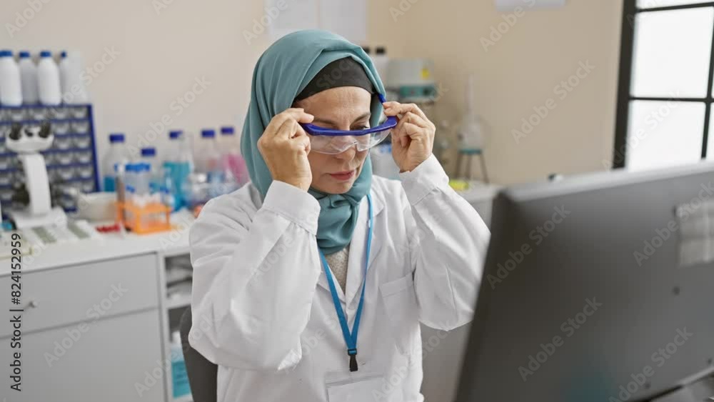 A mature woman scientist with hijab adjusting safety glasses in a laboratory setting A mature woman scientist with hijab adjusting safety glasses in a laboratory setting