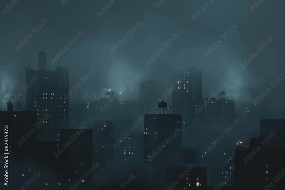 City shrouded in mist - nighttime urban landscape