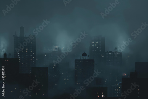 City shrouded in mist - nighttime urban landscape