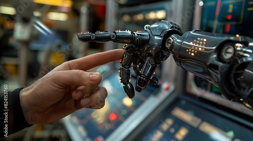 A robotic arm pointing to a button being pressed by a human hand.