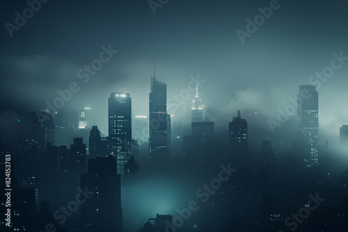 Mysterious cityscape shrouded in fog
