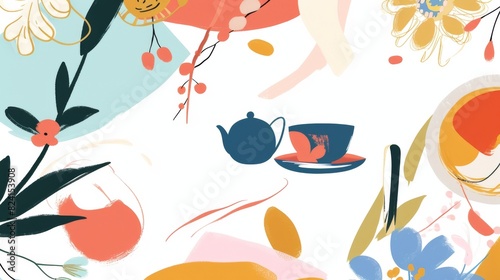 Tea Ceremony with Abstract Floral Patterns  A scene capturing the quiet moment of a tea ceremony  with the tea set surrounded by vibrant  abstract floral patterns on white background  that bleed into