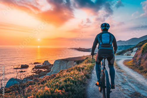 An East Asian cyclist enjoys the cool evening breeze and the fiery sunset over the ocean while riding along a scenic coastal path. photo