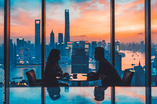 An East Asian financial advisor discusses investment options with a client while a cityscape bathed in sunset colors is visible through the window.