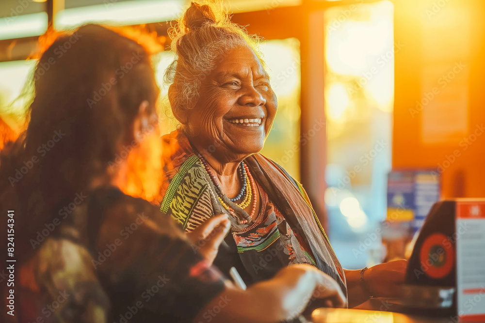 An Indigenous Australian bank teller smiles while helping a customer at a counter, with the warm light of the setting sun streaming through the windows. An Indigenous Australian bank teller smiles while helping a customer at a counter, with the warm light of the setting sun streaming through the windows.