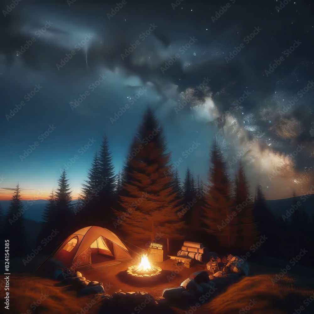 A cozy campsite under a star-studded sky in the wilderness, with the Milky Way clearly visible