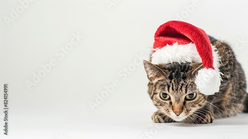 Cat in christmas hat isolated on white background