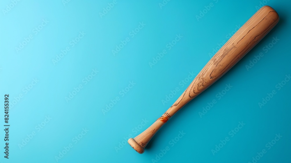 A wooden baseball bat on a blue background. The bat is old and has a red logo on it. The background is a light blue color. A wooden baseball bat on a blue background. The bat is old and has a red logo on it. The background is a light blue color.