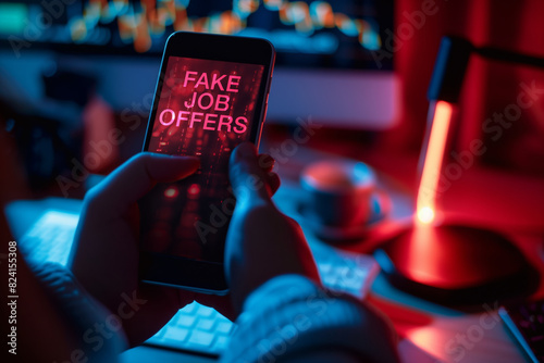 Alert on fake job offers - smartphone warning concept