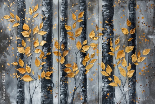 Collection of designer oil paintings. Decoration for the interior. Modern abstract art on canvas. Set of pictures with different textures and colors. Golden leaves on trees.Gray background