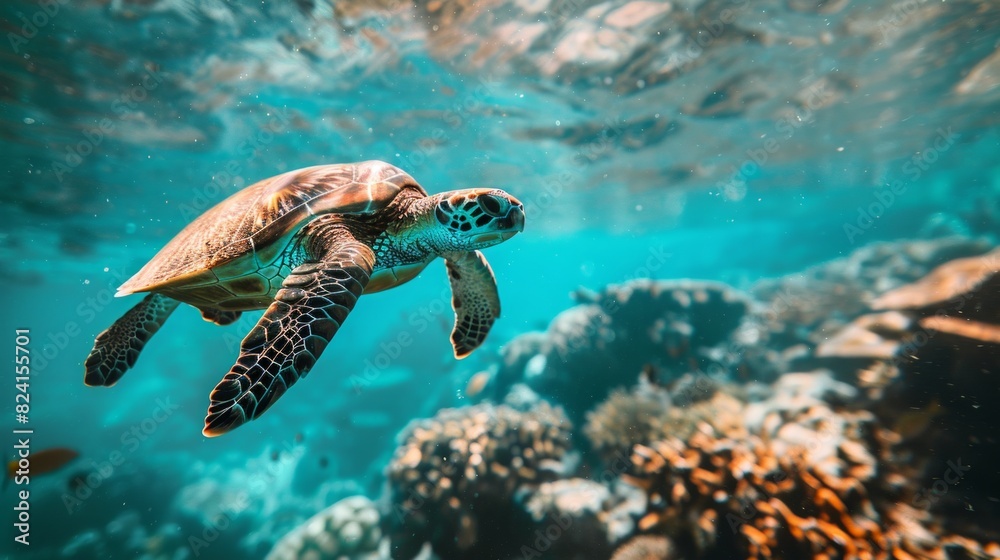Obraz premium Turtle swimming in the ocean with copy space. World turtle day
