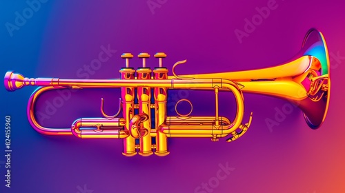 Golden trumpet isolated on gradient pink and purple background. 3d rendering musical instrument.