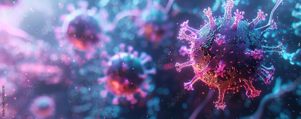 3D render of a virus with a digital holographic effect, Futuristic, Blue and Purple Hues, Neon Lighting, Emphasizing technological study of pathogens