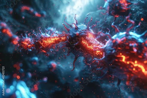 3D render of an infection spreading through the bloodstream, Holographic Effect, Blue and Red Hues, Digital Art, Highlighting the path of pathogens photo