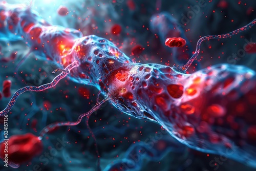 3D render of an infection spreading through the bloodstream, Holographic Effect, Blue and Red Hues, Digital Art, Highlighting the path of pathogens photo
