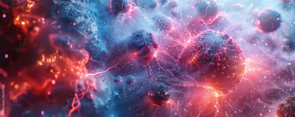 A detailed 3D render of autoimmune cells attacking healthy tissue, Futuristic, Blue and Red Hues, Digital Art, Emphasizing internal conflict A detailed 3D render of autoimmune cells attacking healthy tissue, Futuristic, Blue and Red Hues, Digital Art, Emphasizing internal conflict
