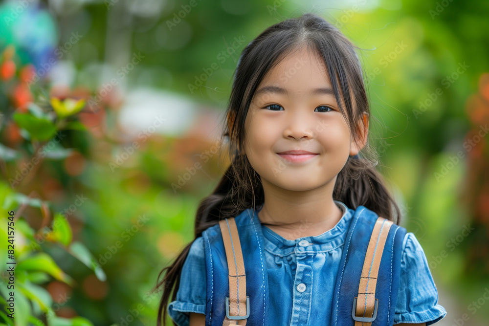 Happy Asian Girl with Backpack Outside Ready for Back to School or Hiking Adventure Happy Asian Girl with Backpack Outside Ready for Back to School or Hiking Adventure