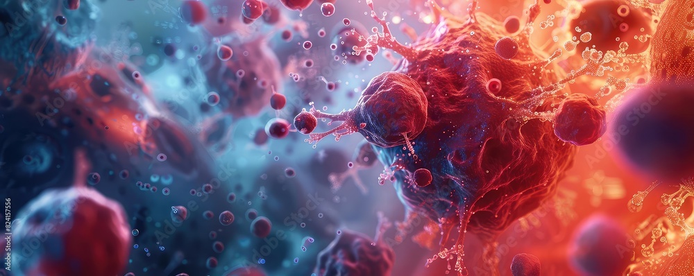 A detailed 3D render of autoimmune cells attacking healthy tissue, Futuristic, Blue and Red Hues, Digital Art, Emphasizing internal conflict A detailed 3D render of autoimmune cells attacking healthy tissue, Futuristic, Blue and Red Hues, Digital Art, Emphasizing internal conflict