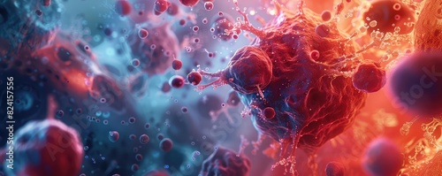 A detailed 3D render of autoimmune cells attacking healthy tissue, Futuristic, Blue and Red Hues, Digital Art, Emphasizing internal conflict