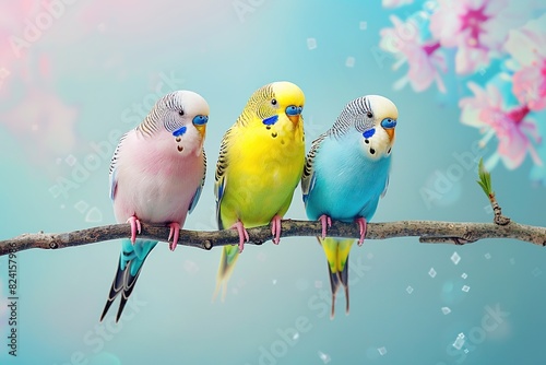 A trio of cheerful budgies on a sky blue branch, their vibrant feathers and lively expressions adding a burst of color