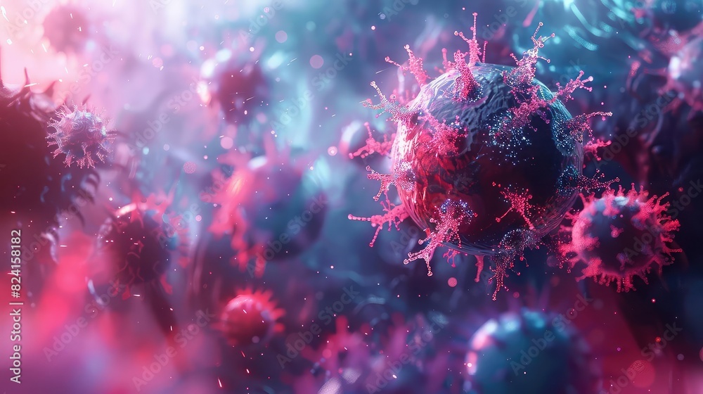 A detailed 3D render of an epidemic spreading through a community, Futuristic, Red and Blue Hues, Digital Art, Emphasizing infection dynamics