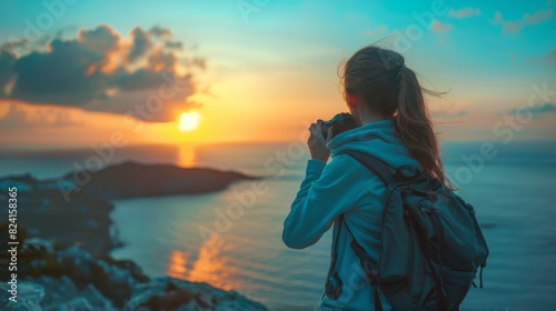 Girl taking beautiful photographs of sunset over the sea from above generative ai