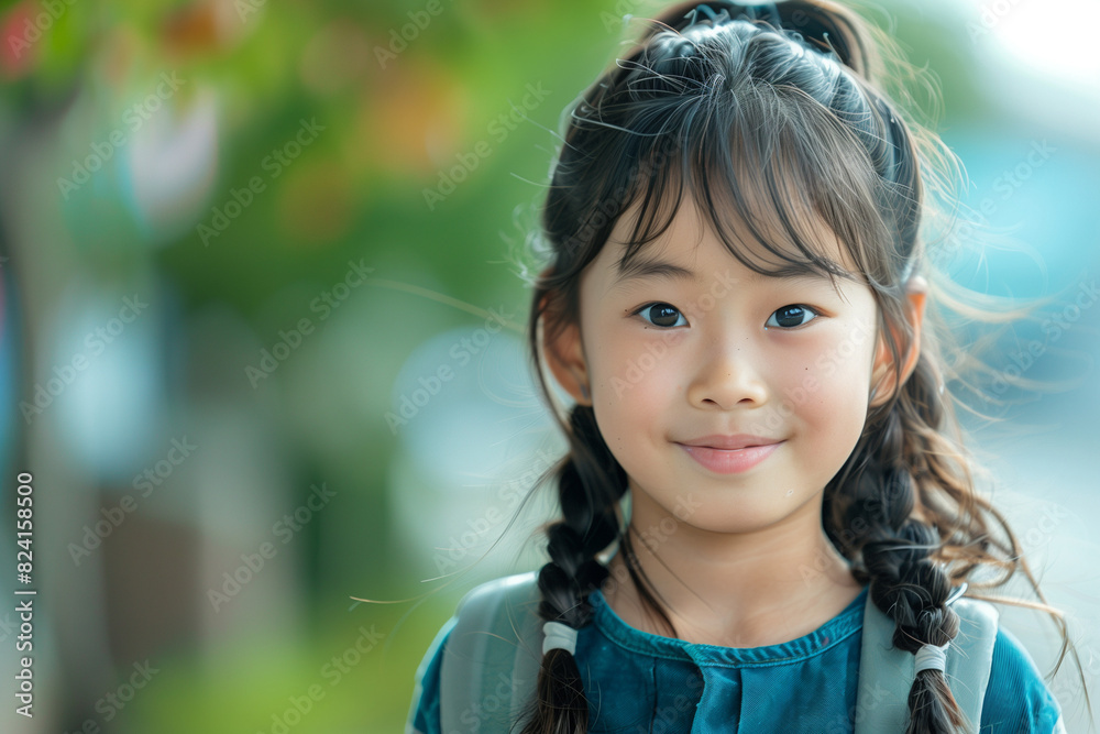 Happy Asian Girl with Backpack Outside Ready for Back to School or Hiking Adventure Happy Asian Girl with Backpack Outside Ready for Back to School or Hiking Adventure