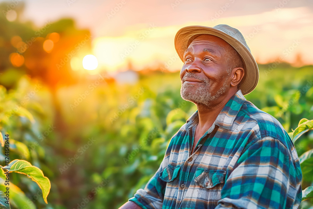 Obraz premium Contented African American Farmer in His 50s Surveying Fields at Sunset, Cultivating Bounty of Harvest with Pride