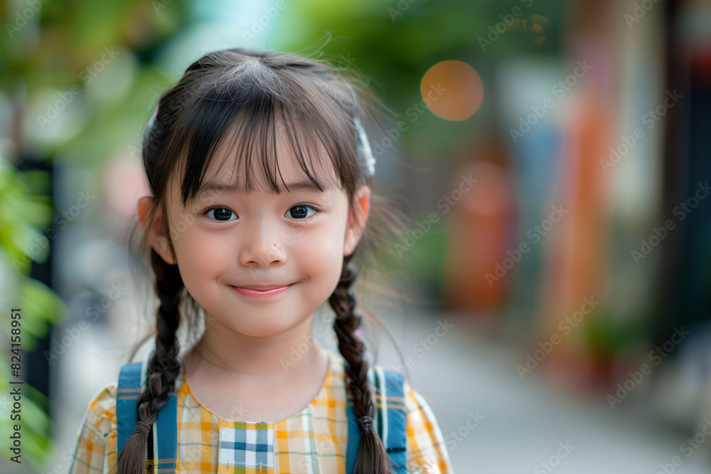 Happy Asian Girl with Backpack Outside Ready for Back to School or Hiking Adventure Happy Asian Girl with Backpack Outside Ready for Back to School or Hiking Adventure